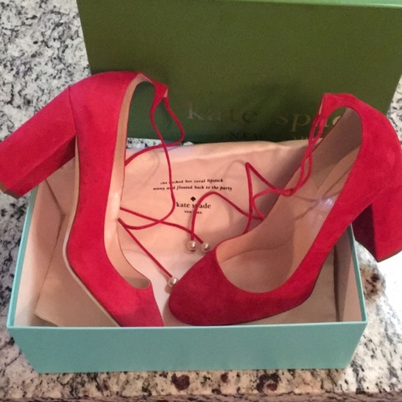 Kate Spade Heels Block Ankle Tie Pearls Mary Janes - Picture 5 of 7